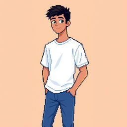 A pixel art style illustration of a young man wearing a white t-shirt and blue jeans