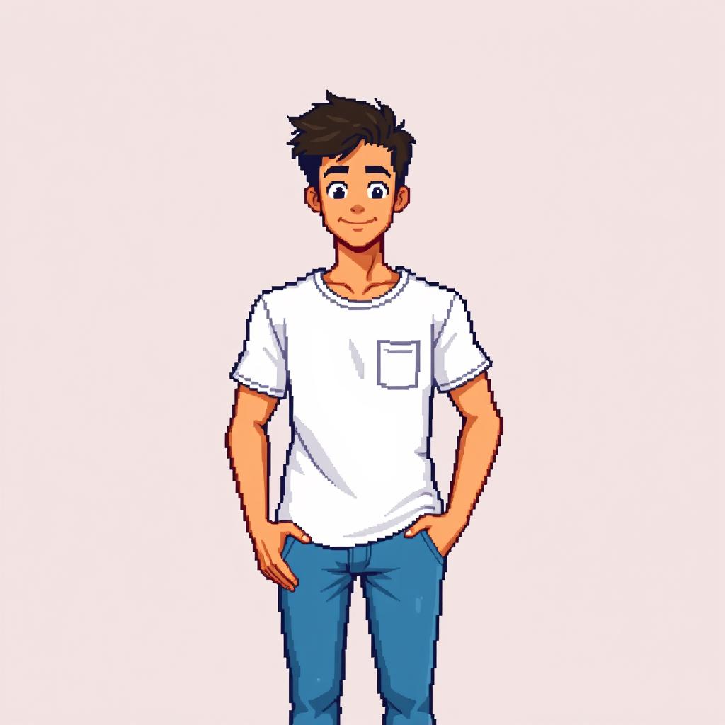 A pixel art style illustration of a young man wearing a white t-shirt and blue jeans