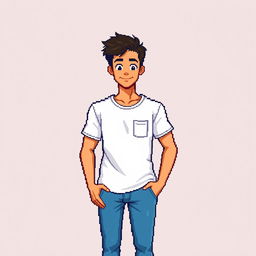 A pixel art style illustration of a young man wearing a white t-shirt and blue jeans