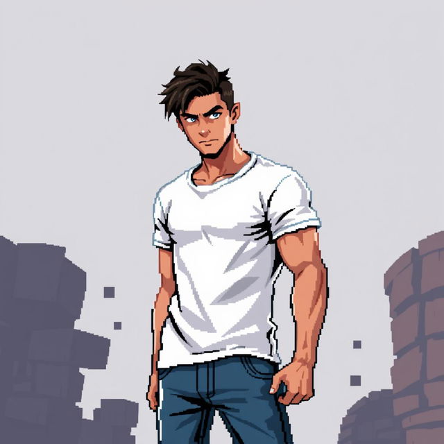 A pixel art illustration of a young man in a white t-shirt and blue jeans, designed in a size of 128x128 pixels