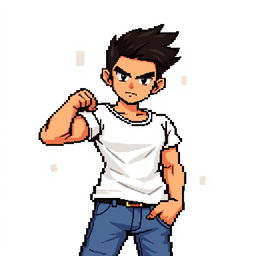 A pixel art illustration of a young man in a white t-shirt and blue jeans, designed in a size of 128x128 pixels