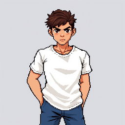 A pixel art illustration of a young man in a white t-shirt and blue jeans, designed in a size of 128x128 pixels