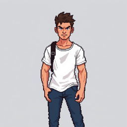 A pixel art illustration of a young man in a white t-shirt and blue jeans, designed in a size of 128x128 pixels