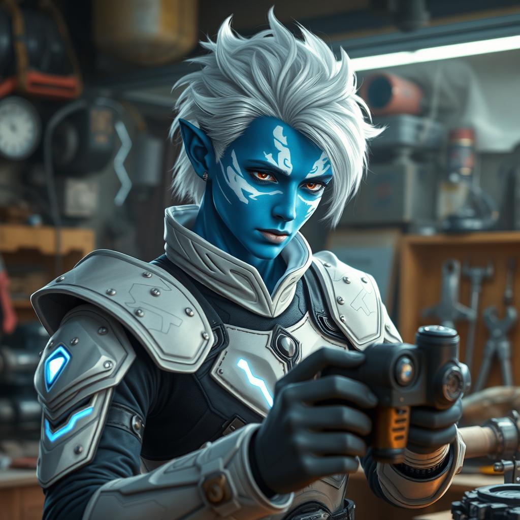 A young male air genasi with blue skin featuring white, shimmering markings, and white hair