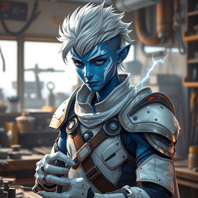 A young male air genasi with blue skin featuring white, shimmering markings, and white hair