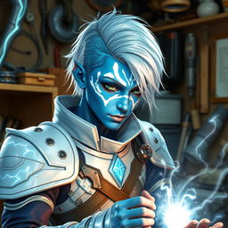 A young male air genasi with blue skin featuring white, shimmering markings, and white hair