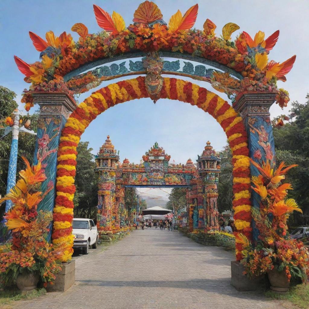 A grand archway, steeped in the colors and iconography of Philippine festivals. The arch is ornamented with elements like vibrant banderitas, bright lanterns, exquisite tribal designs, and tropical flora and fauna.