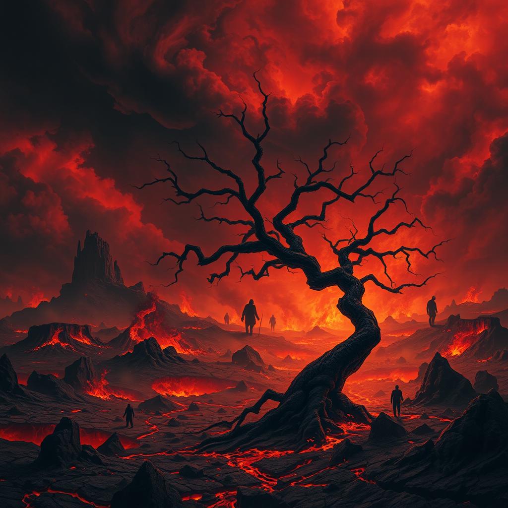 A vivid depiction of Hell on Earth, showcasing a chaotic landscape filled with fiery pits, dark swirling clouds, and jagged rocks