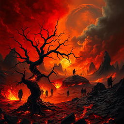 A vivid depiction of Hell on Earth, showcasing a chaotic landscape filled with fiery pits, dark swirling clouds, and jagged rocks