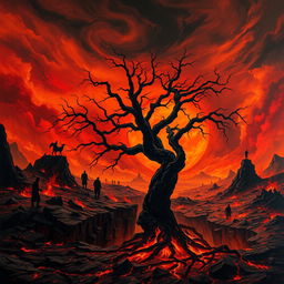 A vivid depiction of Hell on Earth, showcasing a chaotic landscape filled with fiery pits, dark swirling clouds, and jagged rocks