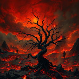 A vivid depiction of Hell on Earth, showcasing a chaotic landscape filled with fiery pits, dark swirling clouds, and jagged rocks