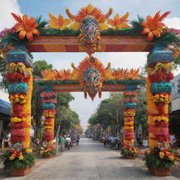 A grand archway, steeped in the colors and iconography of Philippine festivals. The arch is ornamented with elements like vibrant banderitas, bright lanterns, exquisite tribal designs, and tropical flora and fauna.