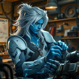 A young male air genasi with blue skin adorned with white and shimmering markings, featuring flowing white hair