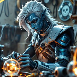 A young male air genasi with blue skin adorned with white and shimmering markings, featuring flowing white hair