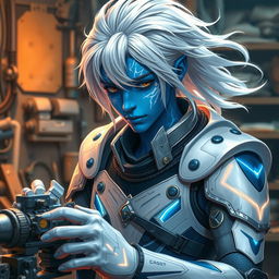 A young male air genasi with blue skin adorned with white and shimmering markings, featuring flowing white hair