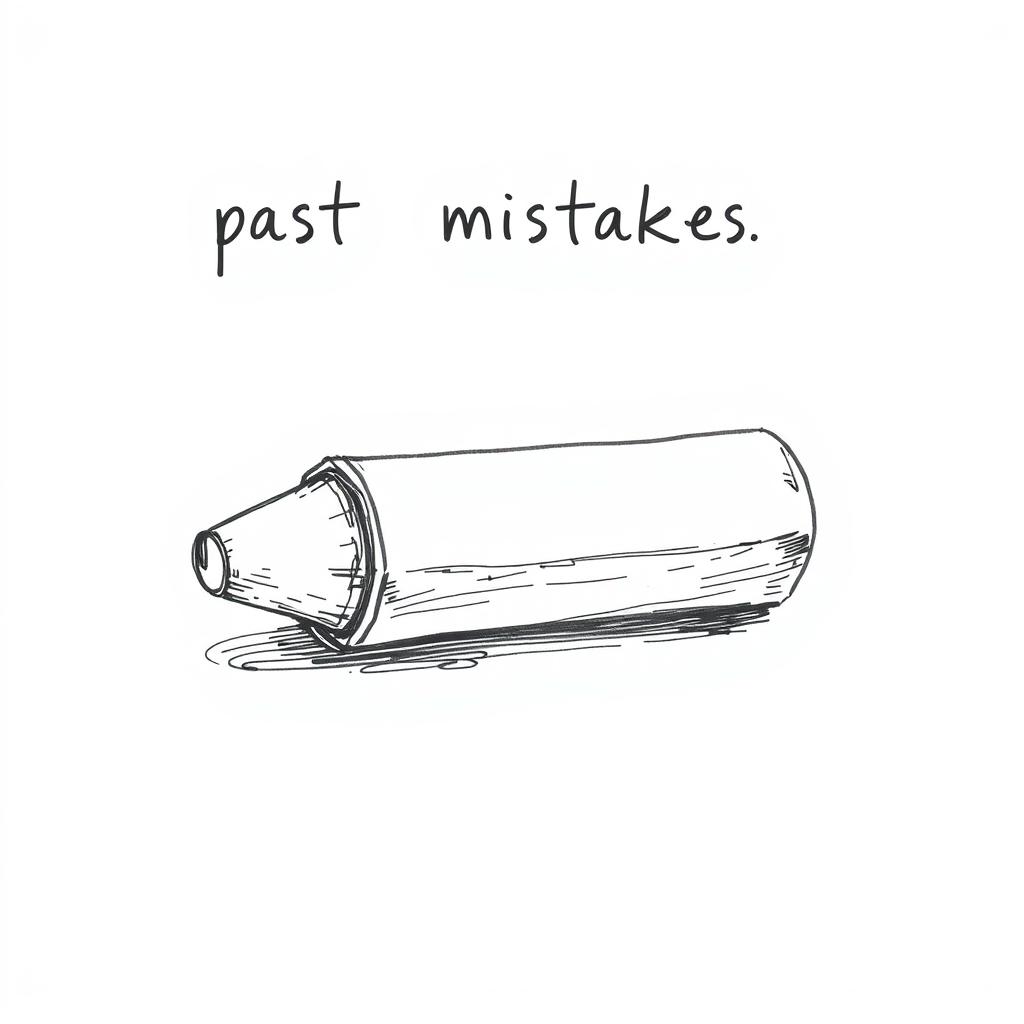 A hand-drawn illustration in black and white featuring an eraser symbolizing the correction of past mistakes