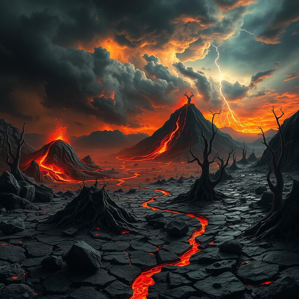 A place resembling Hell on Earth, featuring a surreal, nightmarish landscape filled with volcano-like mountains spewing lava and ash