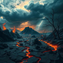 A place resembling Hell on Earth, featuring a surreal, nightmarish landscape filled with volcano-like mountains spewing lava and ash