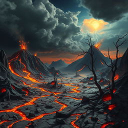 A place resembling Hell on Earth, featuring a surreal, nightmarish landscape filled with volcano-like mountains spewing lava and ash