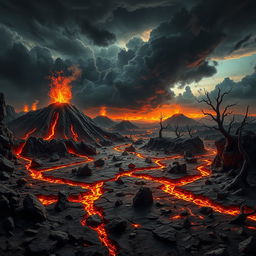 A place resembling Hell on Earth, featuring a surreal, nightmarish landscape filled with volcano-like mountains spewing lava and ash