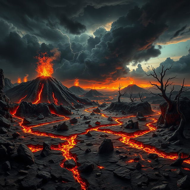 A place resembling Hell on Earth, featuring a surreal, nightmarish landscape filled with volcano-like mountains spewing lava and ash