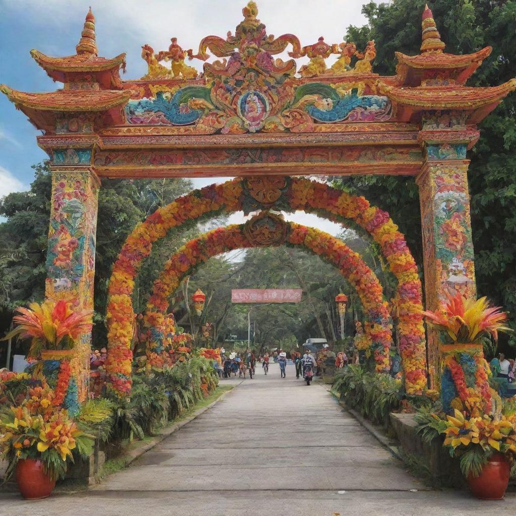 A grand archway, steeped in the colors and iconography of Philippine festivals. The arch is ornamented with elements like vibrant banderitas, bright lanterns, exquisite tribal designs, and tropical flora and fauna.