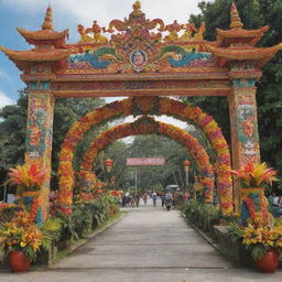 A grand archway, steeped in the colors and iconography of Philippine festivals. The arch is ornamented with elements like vibrant banderitas, bright lanterns, exquisite tribal designs, and tropical flora and fauna.