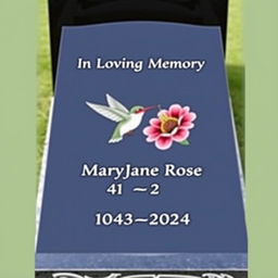 A simple, elegant long rectangular black granite headstone with a flat top, engraved with the words 'In Loving Memory' followed by 'MaryJane Rose 1943-2024'