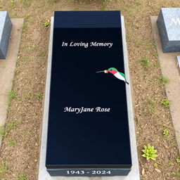 A simple, elegant long rectangular black granite headstone with a flat top, engraved with the words 'In Loving Memory' followed by 'MaryJane Rose 1943-2024'