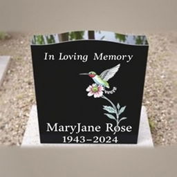 A simple, elegant long rectangular black granite headstone with a flat top, engraved with the words 'In Loving Memory' followed by 'MaryJane Rose 1943-2024'