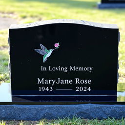 A simple, plain, wide rectangular black granite headstone with a flat top