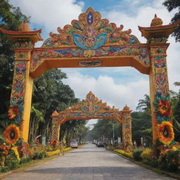 A grand archway, steeped in the colors and iconography of Philippine festivals. The arch is ornamented with elements like vibrant banderitas, bright lanterns, exquisite tribal designs, and tropical flora and fauna.