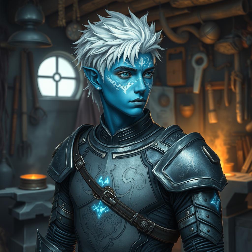 A detailed portrait of a young air genasi man with white hair and blue skin adorned with white and shimmering markings