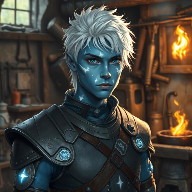 A detailed portrait of a young air genasi man with white hair and blue skin adorned with white and shimmering markings