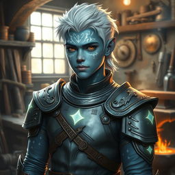 A detailed portrait of a young air genasi man with white hair and blue skin adorned with white and shimmering markings