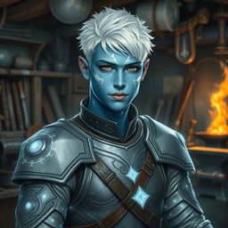 A detailed portrait of a young air genasi man with white hair and blue skin adorned with white and shimmering markings