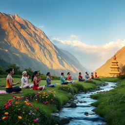 A serene meditation retreat focused on the Mahamudra teachings, set in a picturesque mountain landscape