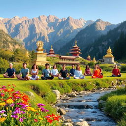 A serene meditation retreat focused on the Mahamudra teachings, set in a picturesque mountain landscape