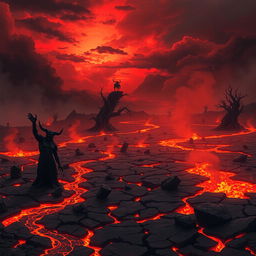 A scene resembling Hell on Earth, illustrated with a barren landscape dominated by fiery rivers and bubbling lava pools