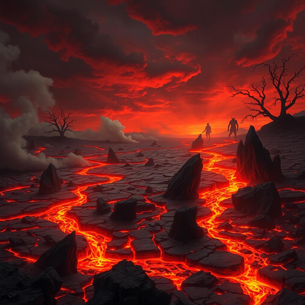 A scene resembling Hell on Earth, illustrated with a barren landscape dominated by fiery rivers and bubbling lava pools