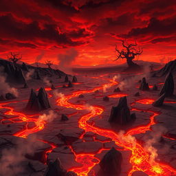 A scene resembling Hell on Earth, illustrated with a barren landscape dominated by fiery rivers and bubbling lava pools