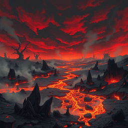 A scene resembling Hell on Earth, illustrated with a barren landscape dominated by fiery rivers and bubbling lava pools