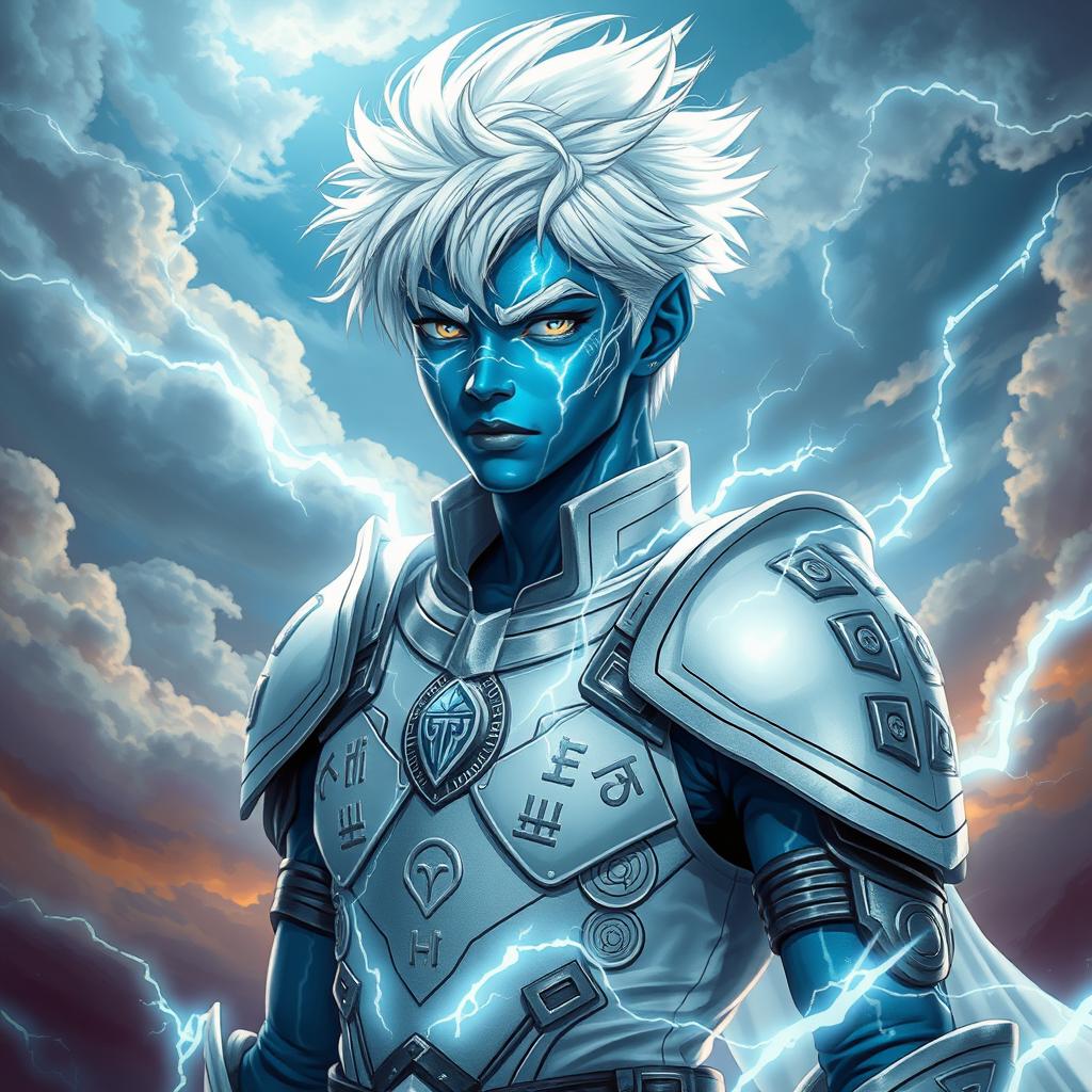 A young male air genasi with messy white hair and blue skin adorned with glowing white lines