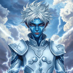 A young male air genasi with messy white hair and blue skin adorned with glowing white lines