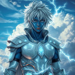 A young male air genasi with messy white hair and blue skin adorned with glowing white lines