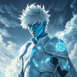 A young male air genasi with messy white hair and blue skin adorned with glowing white lines