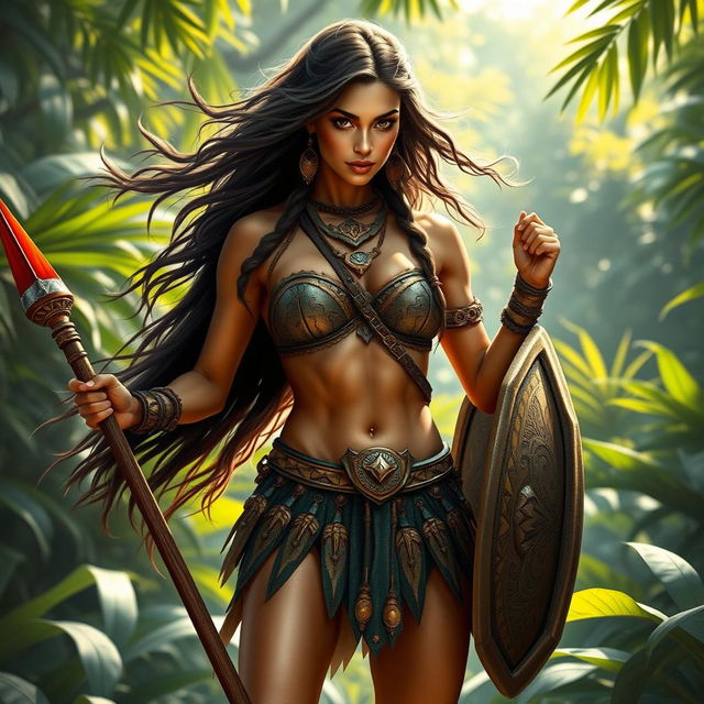 A stunning Amazonian warrior woman, bold and powerful, exuding strength and confidence