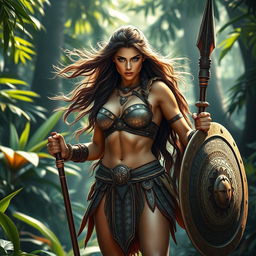 A stunning Amazonian warrior woman, bold and powerful, exuding strength and confidence