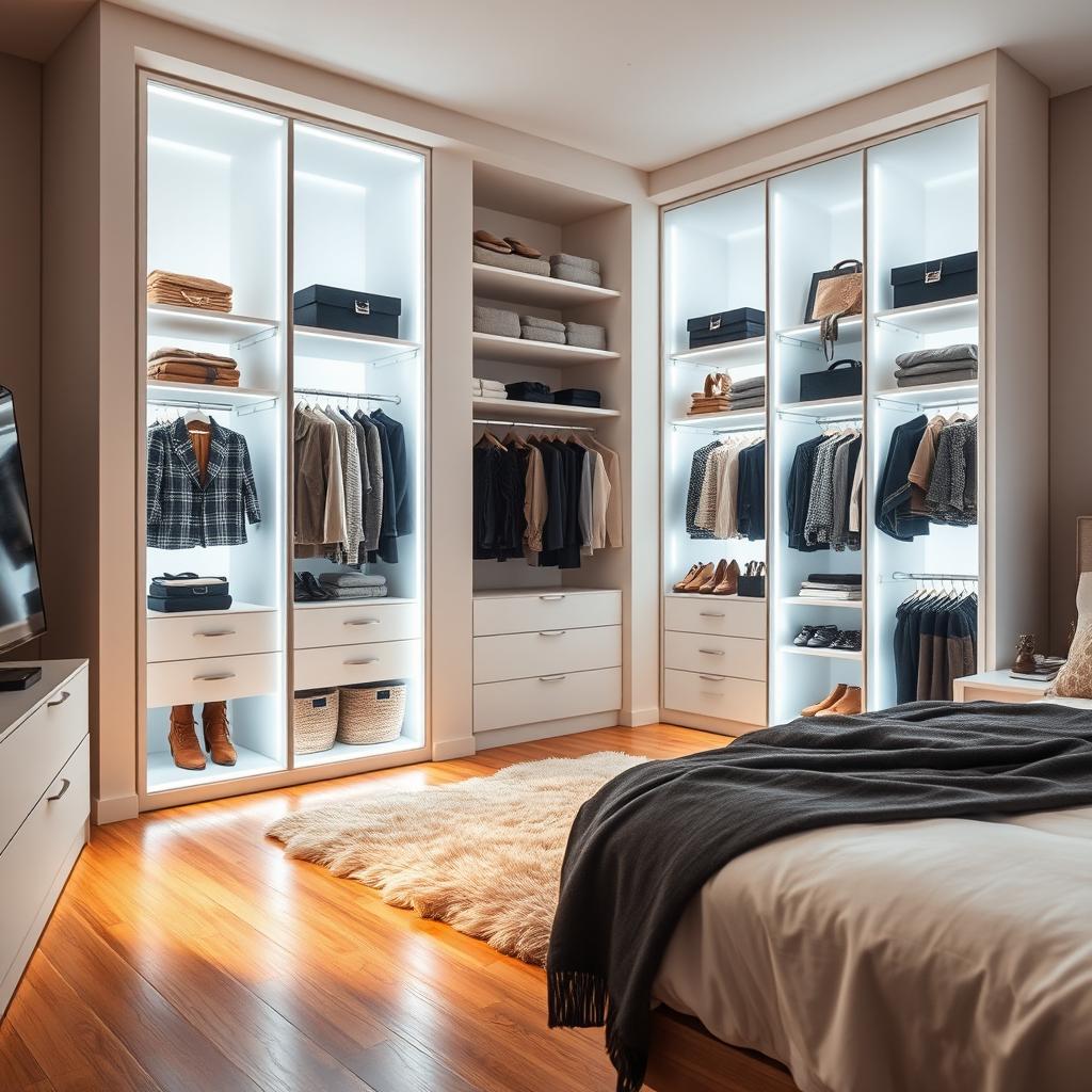 A modern bedroom with a stylish walk-in closet, featuring bright LED lighting illuminating the space