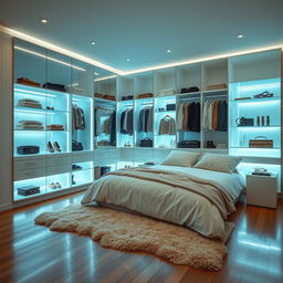 A modern bedroom with a stylish walk-in closet, featuring bright LED lighting illuminating the space